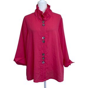 Fridaze Womens Top Pink Linen Button-Up Blouse Stand-Up Collar Size M